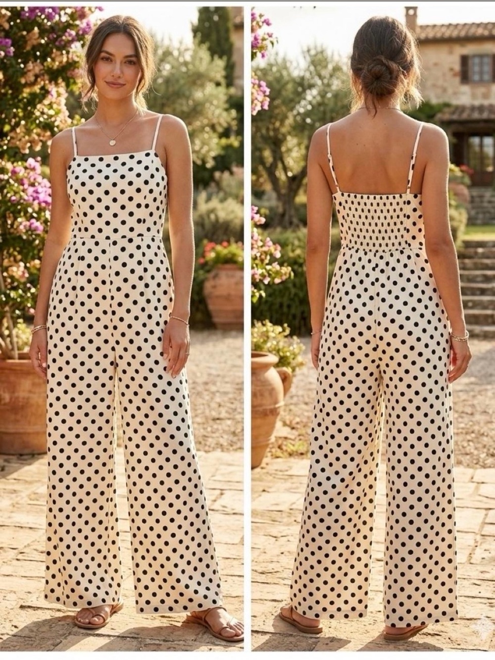 Anniewear Polka Dot Smocked Wide-Leg Jumpsuit - Brown